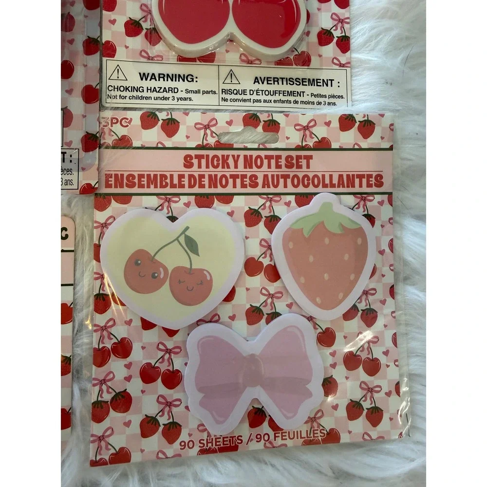 Cherry and Strawberry Stationery Set Pens Highlighters Sticky Notes Erasers 6pc